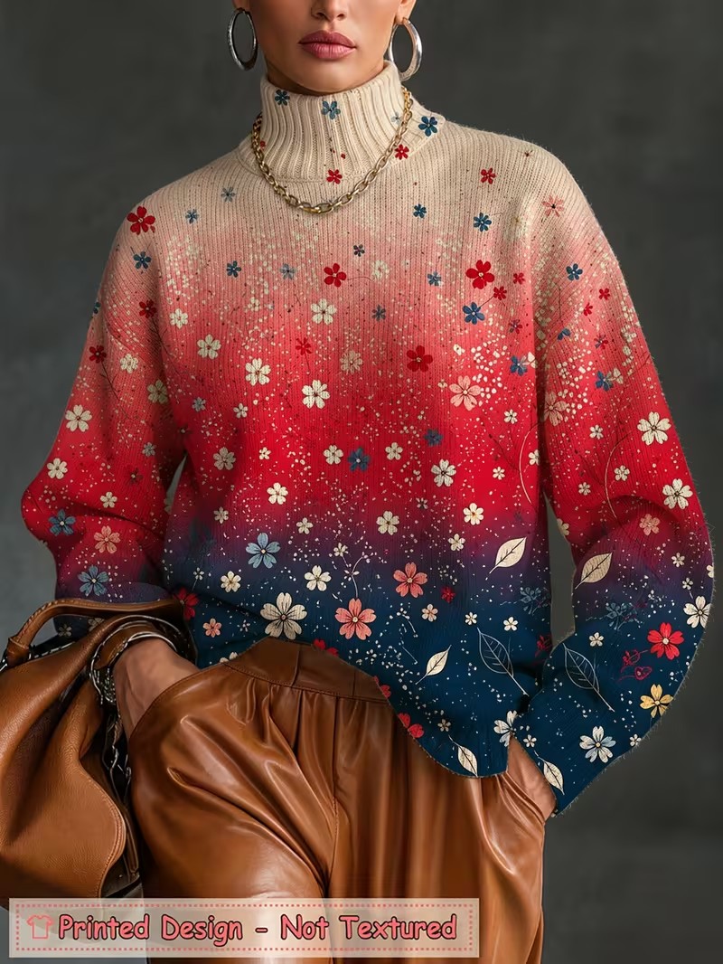 Winter Clothing For Women - Women Turtleneck T shirt Gradient Floral